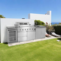 Outdoor Kitchen Island Built for Premium Entertaining, 104 Inch Granite Top, Gas Grill with Rotisserie, Refrigerator