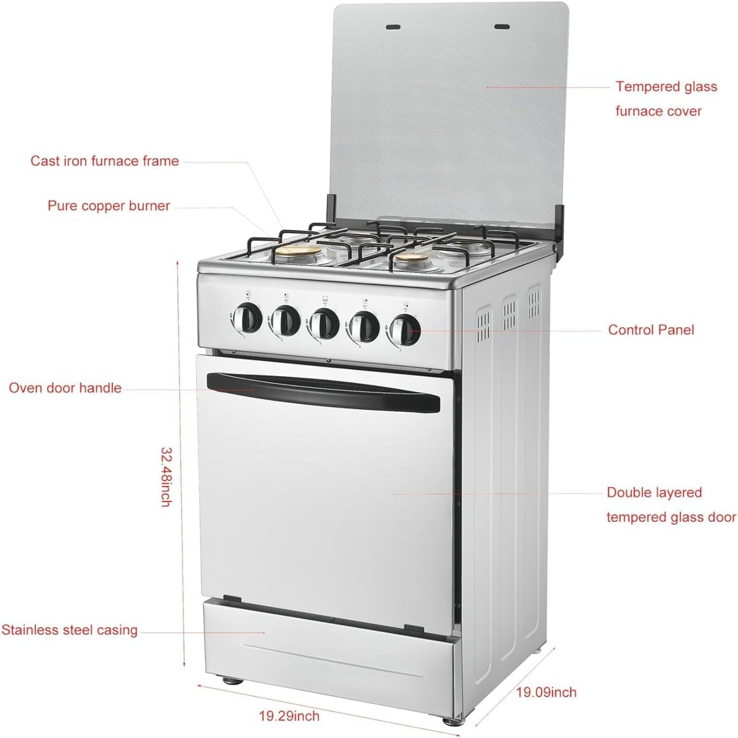 20-Inch Gas Range with 4 Burners, 68L Rotary Baking Oven, Stainless Steel Body, Double Layer Tempered Glass Door (NG-LPG Conversion Kit)