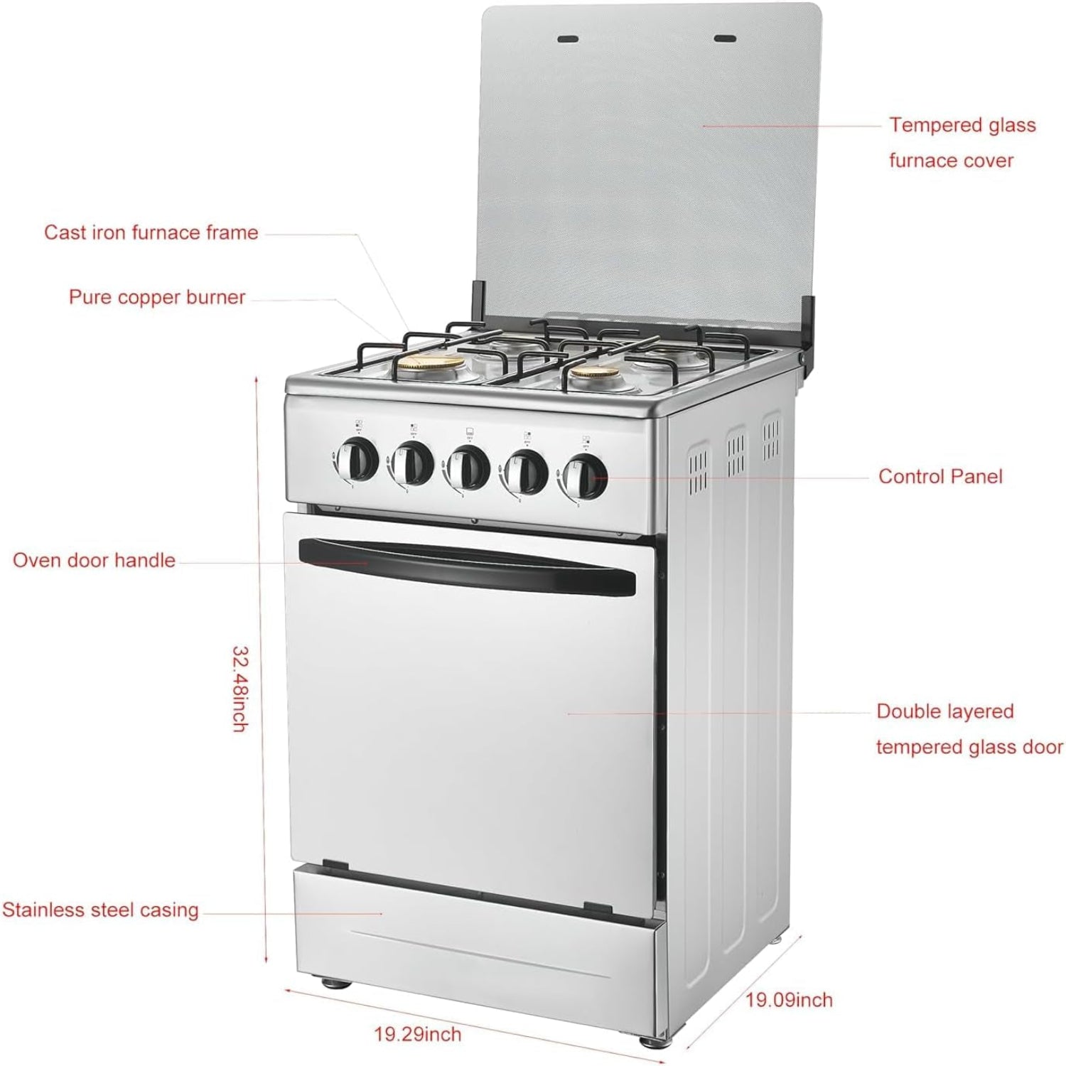 20-Inch Gas Range with 4 Burners, 68L Rotary Baking Oven, Stainless Steel Body, Double Layer Tempered Glass Door (NG-LPG Conversion Kit)