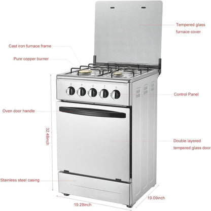 20-Inch Gas Range with 4 Burners, 68L Rotary Baking Oven, Stainless Steel Body, Double Layer Tempered Glass Door (NG-LPG Conversion Kit)