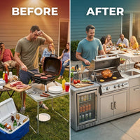 Modular Outdoor Kitchen BBQ Island, 104" Outdoor Kitchen Propane Gas Island Grill with Sink, Compact Refrigerator, Storage Cabinets, Rotisserie Kit (Silver, 104") — Before & After