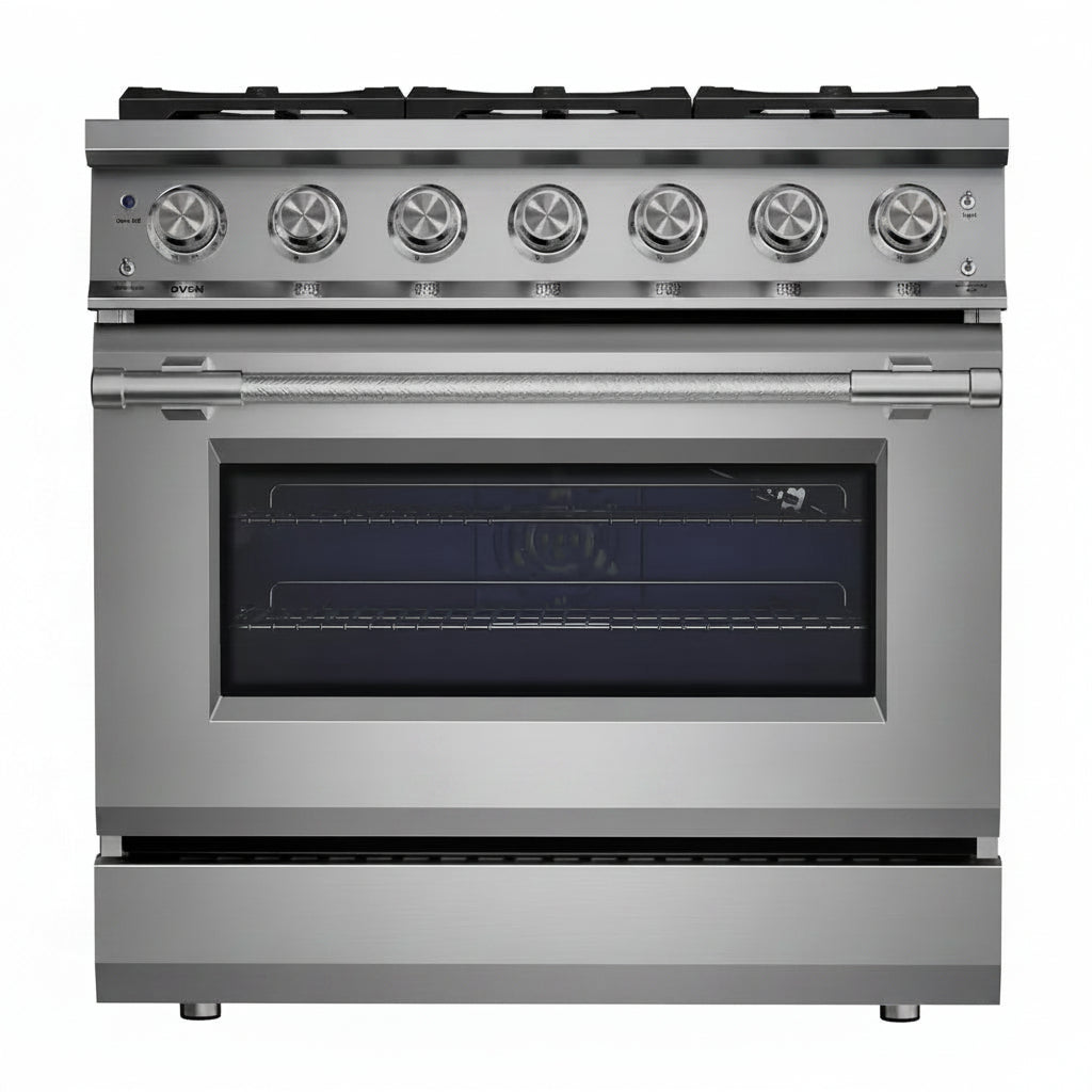 36 In. Slide-In Gas Range, 5.2 Cu. Ft. Convection Oven, 6 Sealed Burners, Convertible to Propane in Stainless Steel