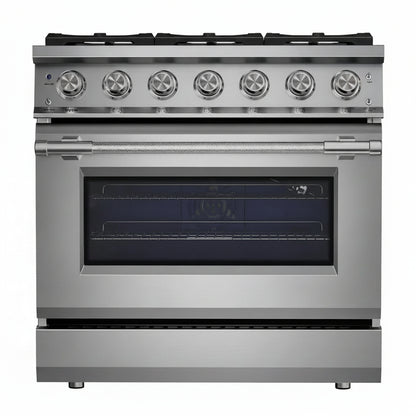 36 In. Slide-In Gas Range, 5.2 Cu. Ft. Convection Oven, 6 Sealed Burners, Convertible to Propane in Stainless Steel
