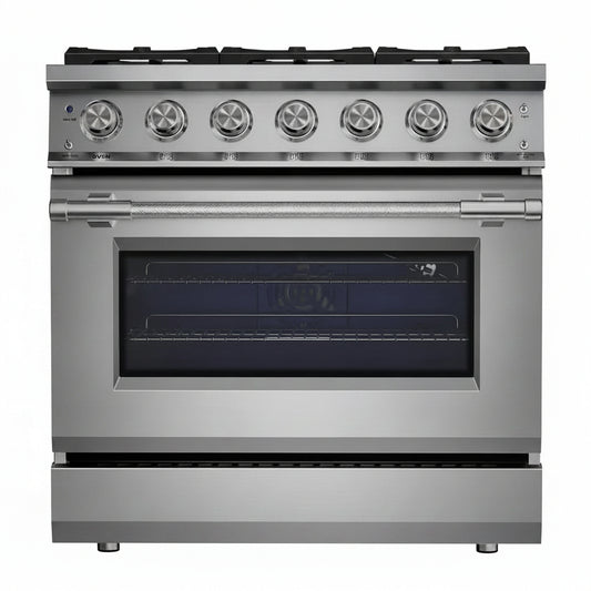 36 In. Slide-In Gas Range, 5.2 Cu. Ft. Convection Oven, 6 Sealed Burners, Convertible to Propane in Stainless Steel