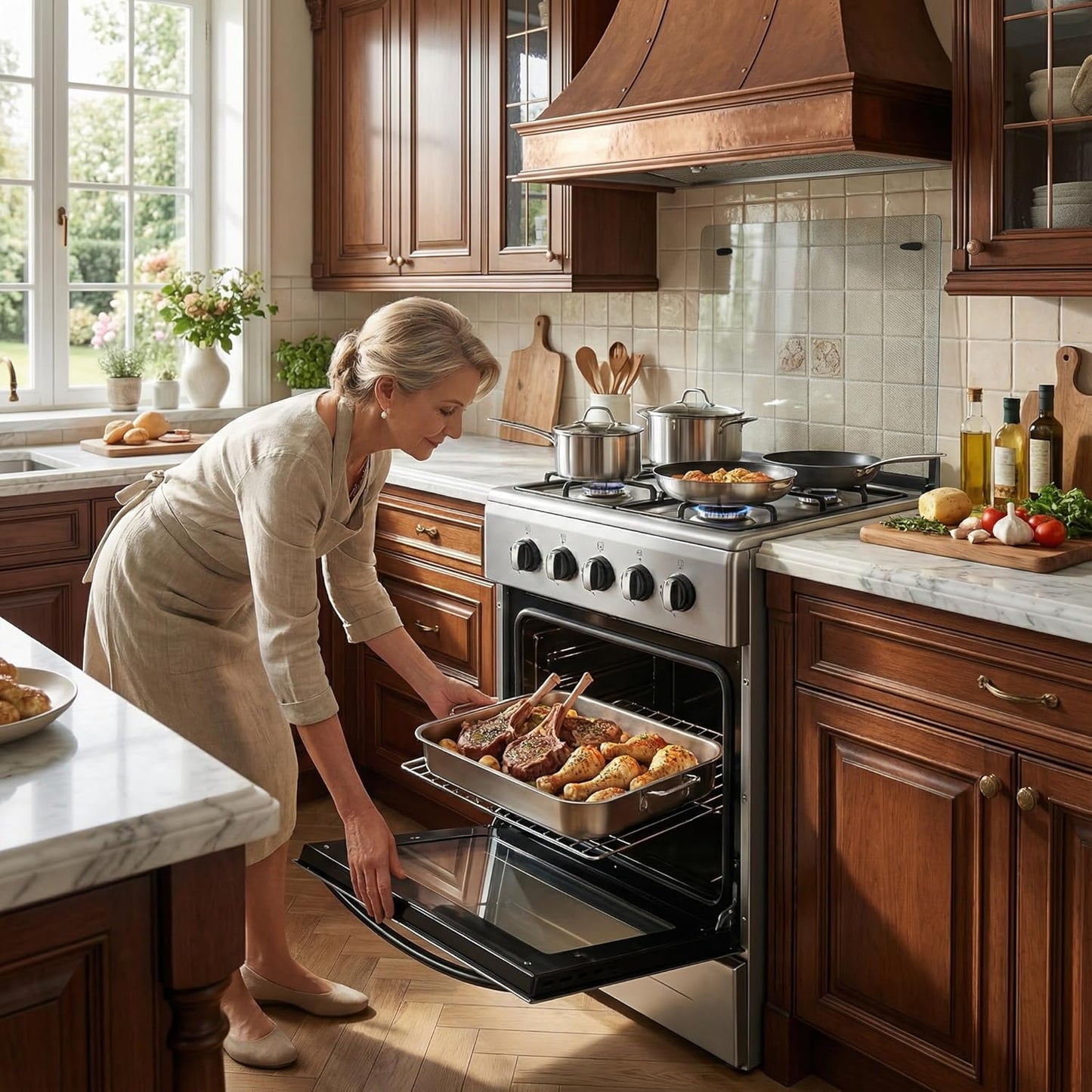20-Inch Gas Range with 4 Burners, 68L Rotary Baking Oven, Stainless Steel Body, Double Layer Tempered Glass Door (NG-LPG Conversion Kit)
