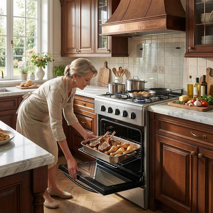 20-Inch Gas Range with 4 Burners, 68L Rotary Baking Oven, Stainless Steel Body, Double Layer Tempered Glass Door (NG-LPG Conversion Kit)