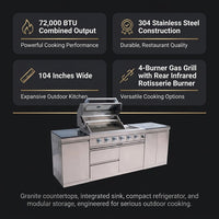 Modular Outdoor Kitchen BBQ Island, 104" Outdoor Kitchen Propane Gas Island Grill with Sink, Compact Refrigerator, Storage Cabinets, Rotisserie Kit (Silver, 104") — Results & Stats