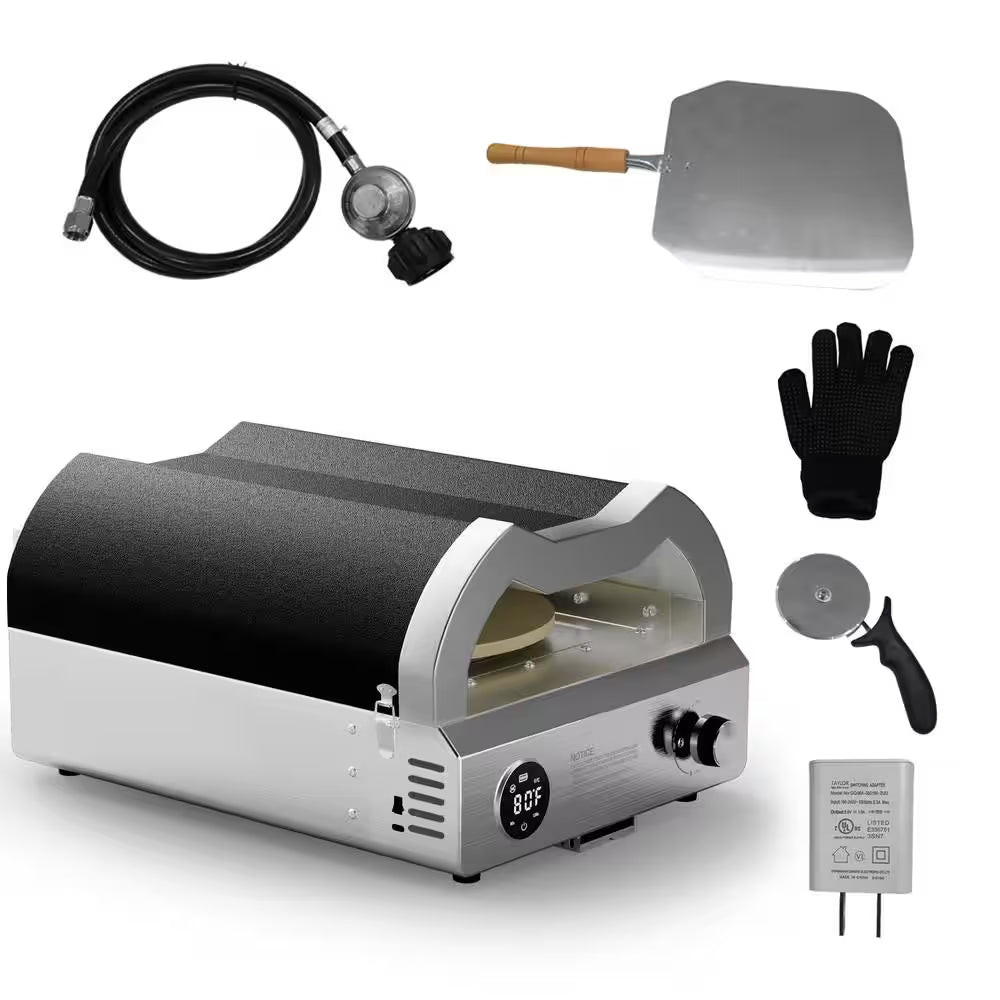 12 In. Propane Pizza Oven, Outdoor Pizza Oven in Black with Rotating Pizza Stone, Glove and Pizza Cutter