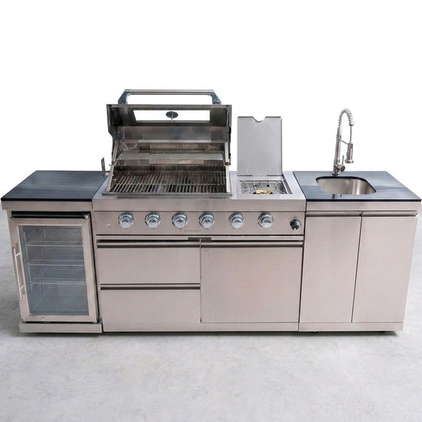 Modular Outdoor Kitchen BBQ Island, 104" Outdoor Kitchen Propane Gas Island Grill with Sink, Compact Refrigerator, Storage Cabinets, Rotisserie Kit (Silver, 104") — Studio Shot
